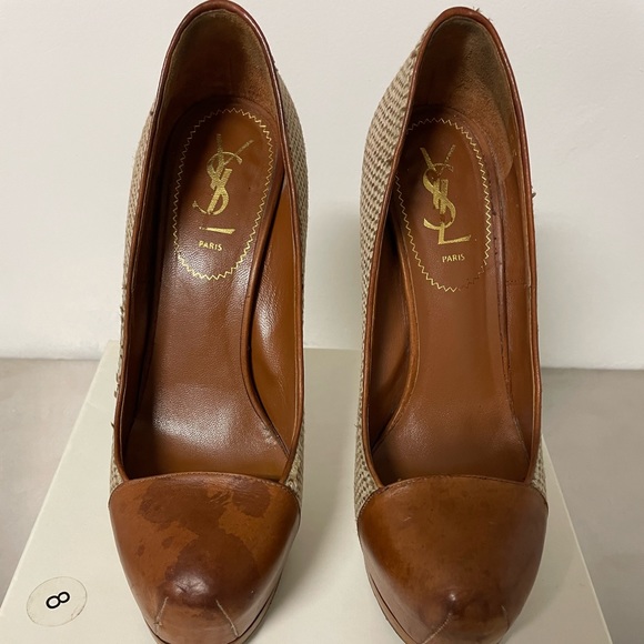 Saint Laurent Brown Natural Cap-toe Tribtoo Almond Pumps - Picture 3 of 4